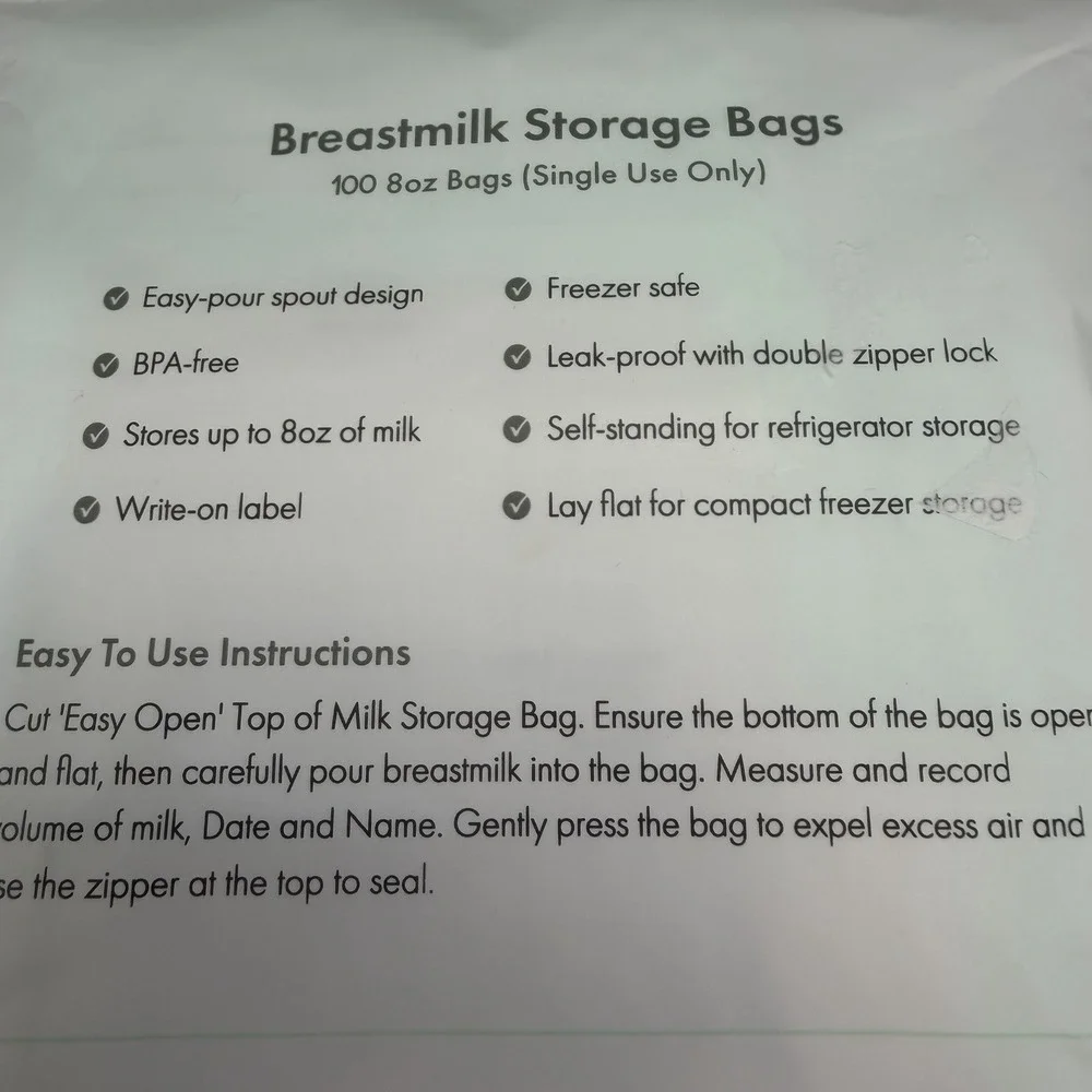 Motif Medical Breast Milk Storage Bags 8oz Single Use Bags 100 count BPA-Free
